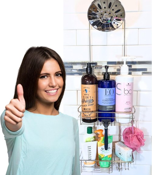 Gecko-Loc Extra-Long Adjustable Shower Caddy - Rustproof Stainless Steel Organizer with Suction Stabilizer & Hooks | No-Drill Installation (Silver)