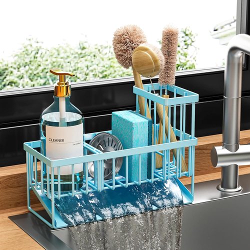 Cisily Kitchen Sink Caddy Organizer - Rustproof 304 Stainless Steel with Brush & Sponge Holder | Blue Home Decor