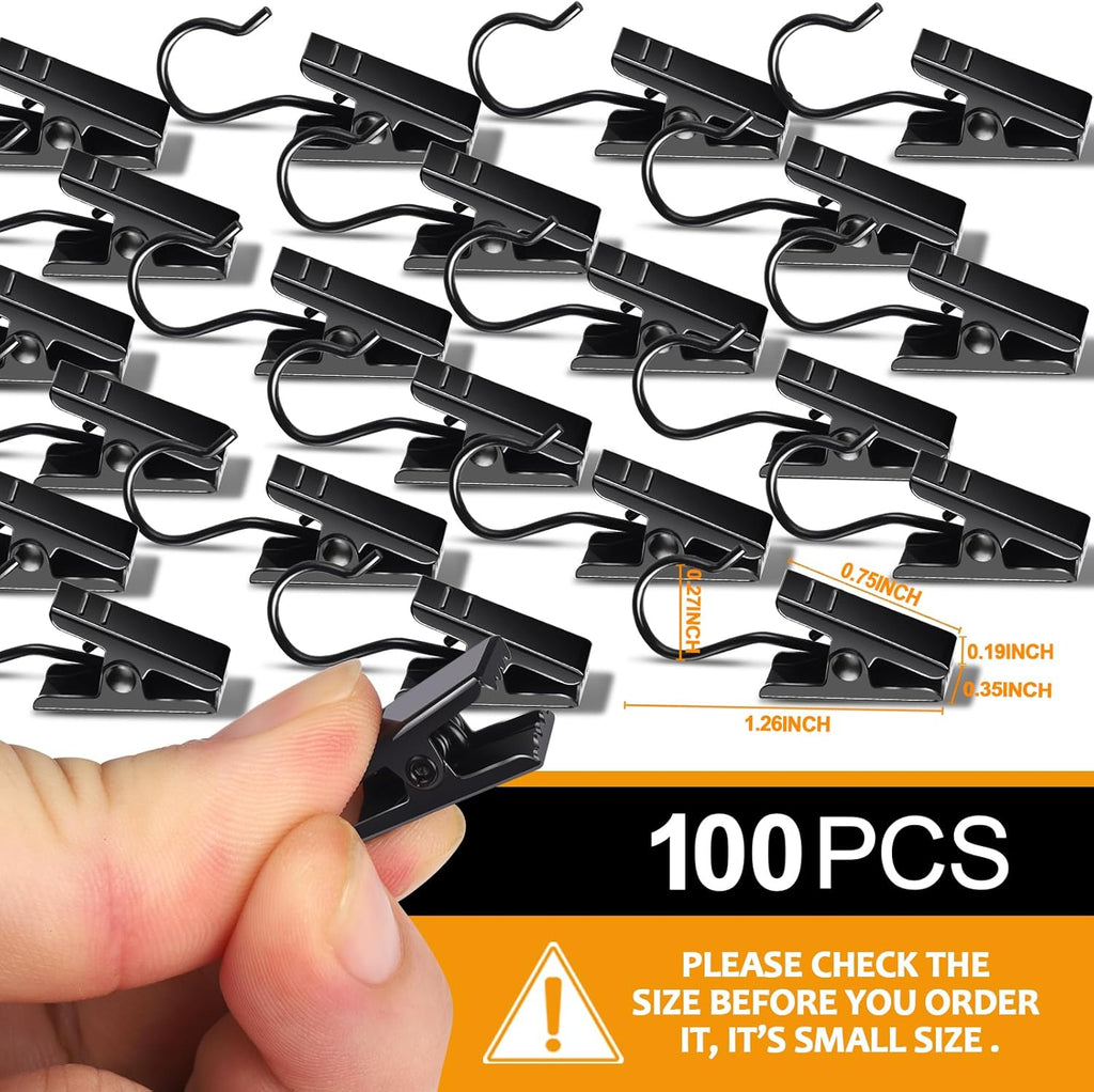 Teenitor 100 Pack Curtain Clips - Durable Stainless Steel Hooks for Outdoor String Lights | Black