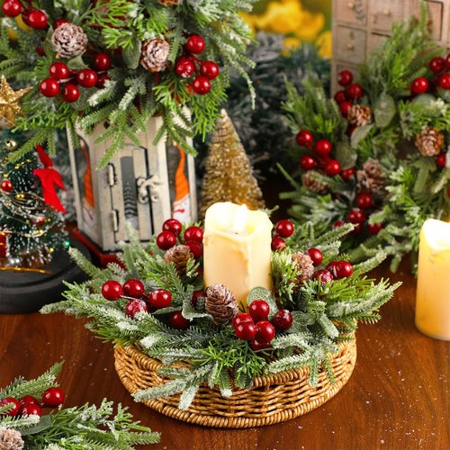 Lyrow Christmas Candle Rings - 4 Pcs Mini Wreaths with Artificial Berries & Snowy Pine | Holiday Decor