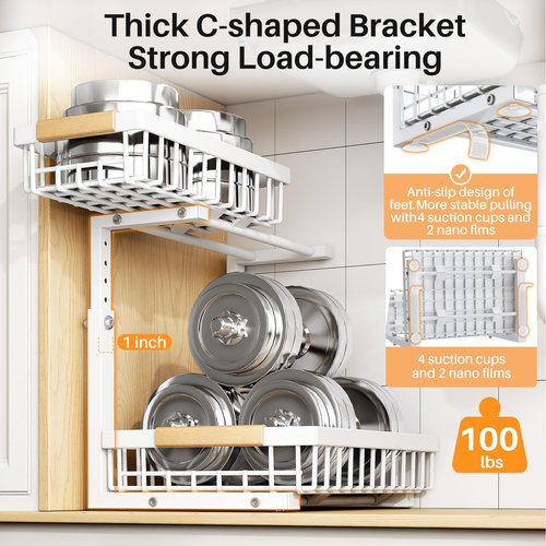 PXRACK Under Sink Organizer, Adjustable Height, 2-Pack 2 Tier Pull Out Under Cabinet Organizer, Slide Out Thickened Metal Under Sink Storage for Kitchen Bathroom Laundry Pantry Cabinet, S, White