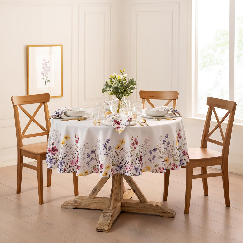 Elrene Home Fashions Poppy Wildflower Botanical Border Fabric Tablecloth, Round, 70 inches X 70 inches