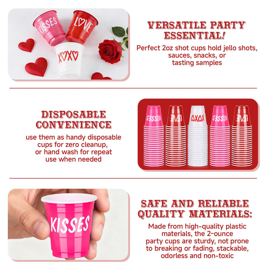 Pineburg Mother's Day Shot Glasses 100 Pack 2oz Red Pink White Cups with Heart XOXO Design for Mom's Day Party, Brunch, Celebration & Gifts