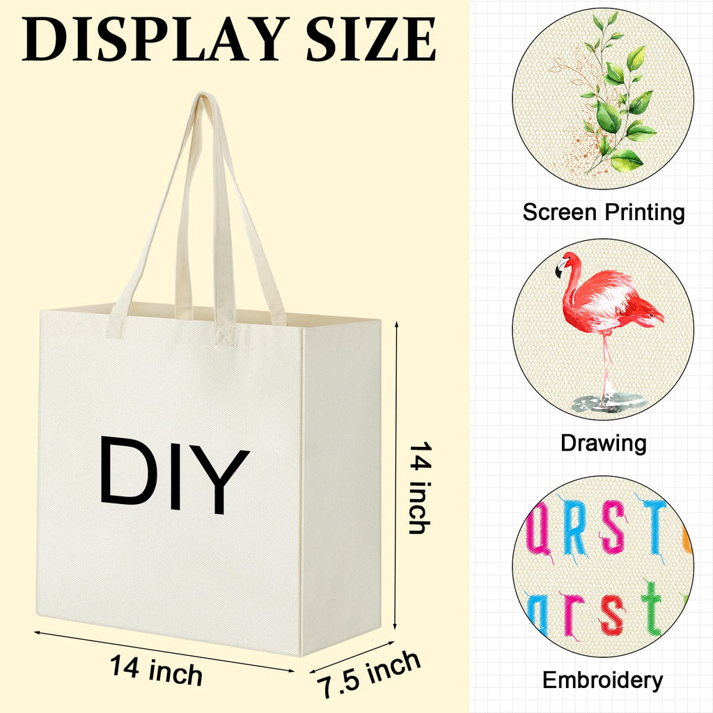 Reginary 12 Pack Canvas Grocery Bag Large Blank Shopping Tote Bags Reusable Pouches Bulk with Handle, 14 x 14 x 7.9'' (White)