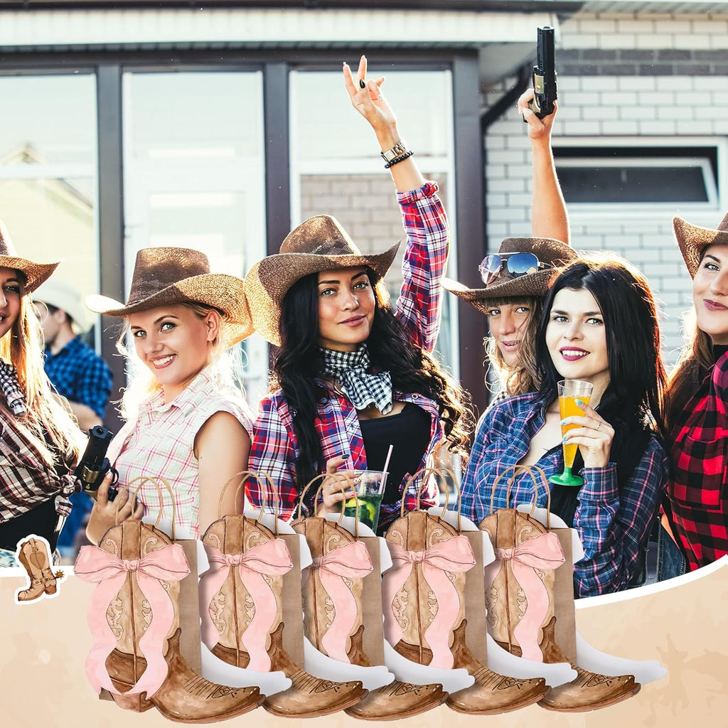Sinload Western Gift Bags - Cowgirl Cowboy Boots Design with Pink Bow Handles | Perfect for Birthday Party Favors (Brown Style)