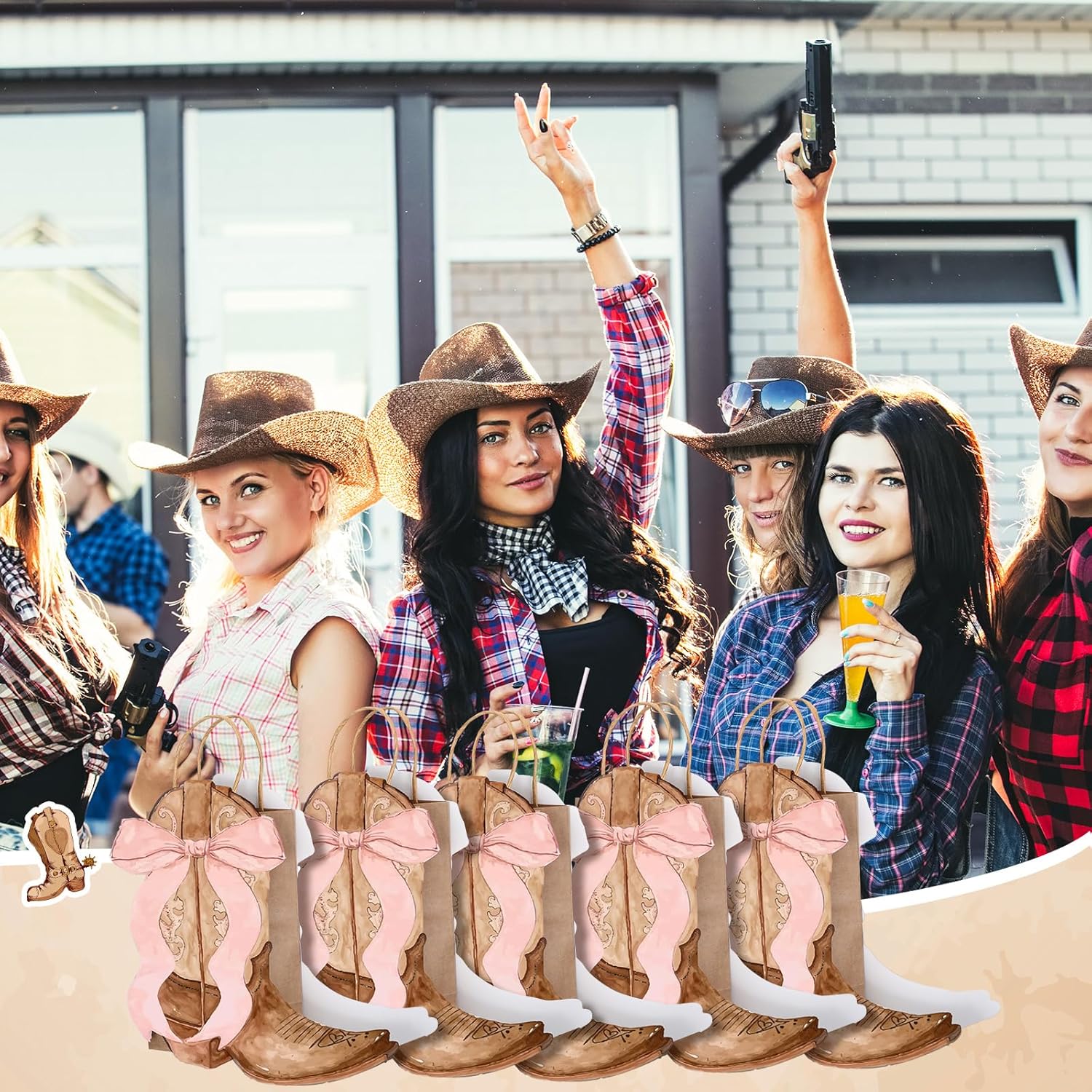Sinload Western Gift Bags - Cowgirl Cowboy Boots Design with Pink Bow Handles | Perfect for Birthday Party Favors (Brown Style)