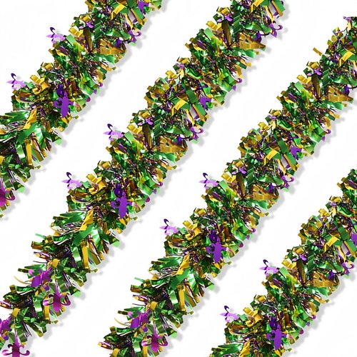 YVAINE 5 Pcs Mardi Gras Tinsel Garland Sparkling Decorations,32.5 Ft Gold Green Purple Glitter Metallic Streamers Hanging Decorations,New Orleans Parade Car Party Supplies Carnival Accessories