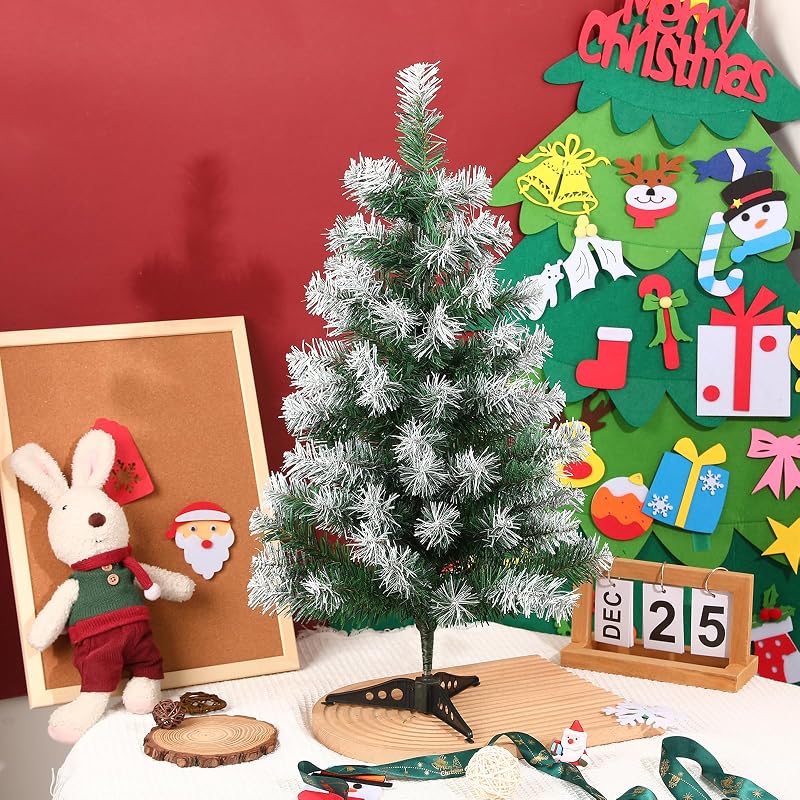 2Ft Green Tabletop Christmas Tree with Snow-Focked Tips & Plastic Stand - 24in Mini Xmas Pine