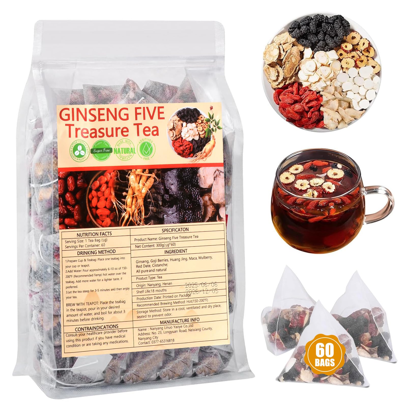 Kidney Tea 60 Bags Ginseng Six Treasure Tea Formula Traditional Chinese Herbal Kidney Cleanse Detox Repair for Women & Men