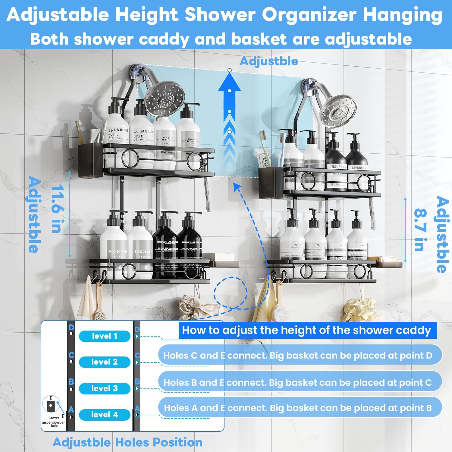 Skiennix Adjustable Shower Caddy - Rustproof Large-Capacity Bathroom Organizer with Hooks for Razors