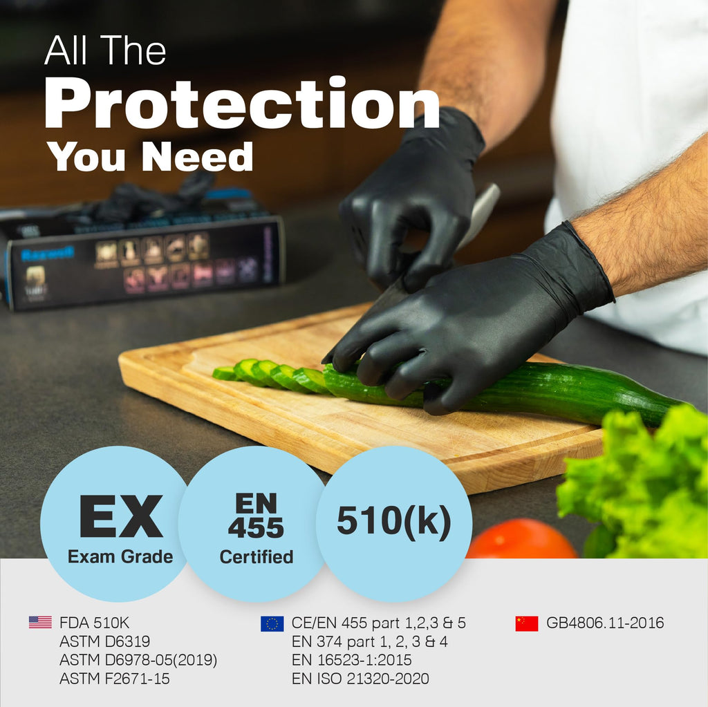 Raxwell 5.5 Mil Black Nitrile Gloves - Chemical Resistant for Medical & Cleaning Tasks - Textured Touchscreen-Compatible Food Safe Gloves - Disposable for Cooking & Prep - Medium Pack of 100