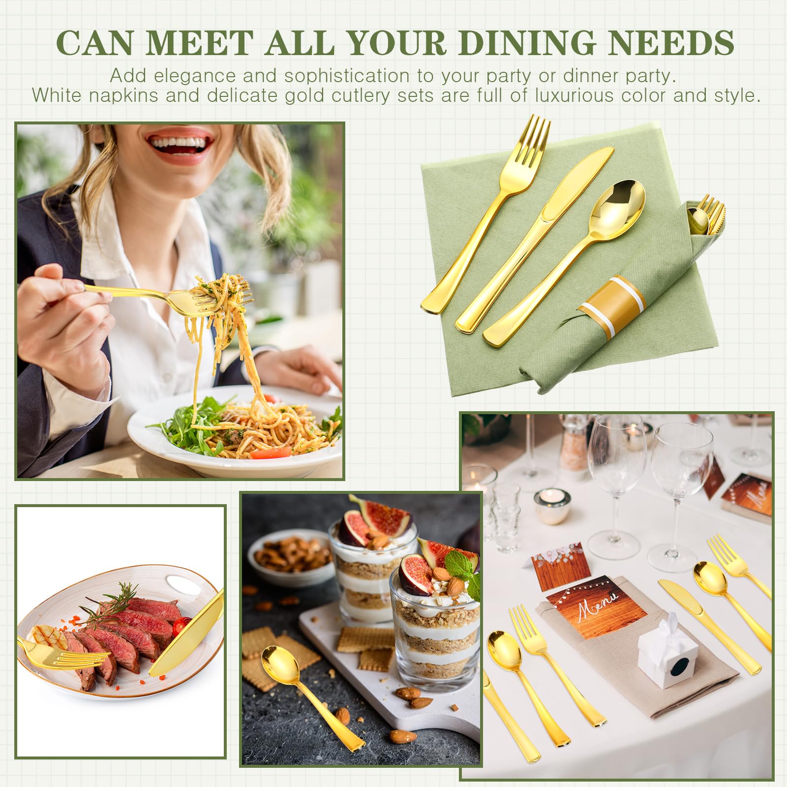 Zubebe 100 Pack Pre Rolled Silverware Set Disposable Wrapped Plastic Cutlery Set with Napkin Disposable Utensils Includes Forks Knives Spoons Napkins Wrapped for Party Dinners Wedding(Gold, Green)