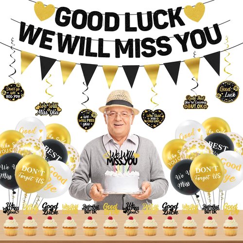 Roetyce Farewell Party Decorations, We Will Miss You Banner Cake Topper Balloons Hanging Swirls Kit, Going Away/Leaving/Retirement Party Decorations for Men Women, Coworker Goodbye Party Supplies