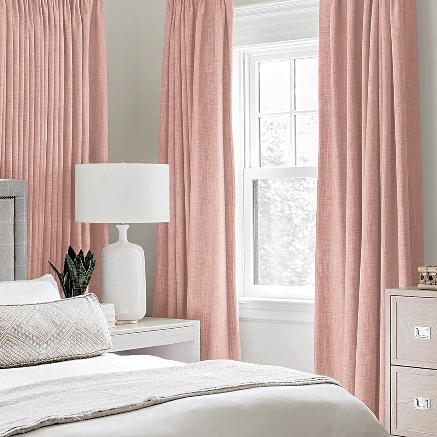 MIULEE 100% Blackout Linen Curtains - Thermal Insulated Blush Pink Grommet Drapes | 52 x 84 Inch (2 Panels)