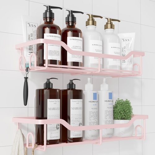 Kitsure Shower Caddy Large - No Drill Adhesive Organizer | Stainless Steel Shelf for Bathroom, 2 Pack, Pink