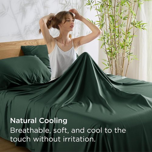 Bedsure King Size Cooling Sheets Set - Breathable Rayon from Bamboo, Soft & Luxurious, Deep Pocket, Forest Green