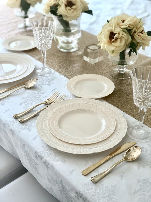 OCCASIONS 80 Ivory Wedding Plates (40 Guests), China-Look Chateau Design, Heavy Duty 40x11" Dinner + 40x8.25" Salad, Disposable Reusable for Bridal Shower Reception (Chateau Ivory)