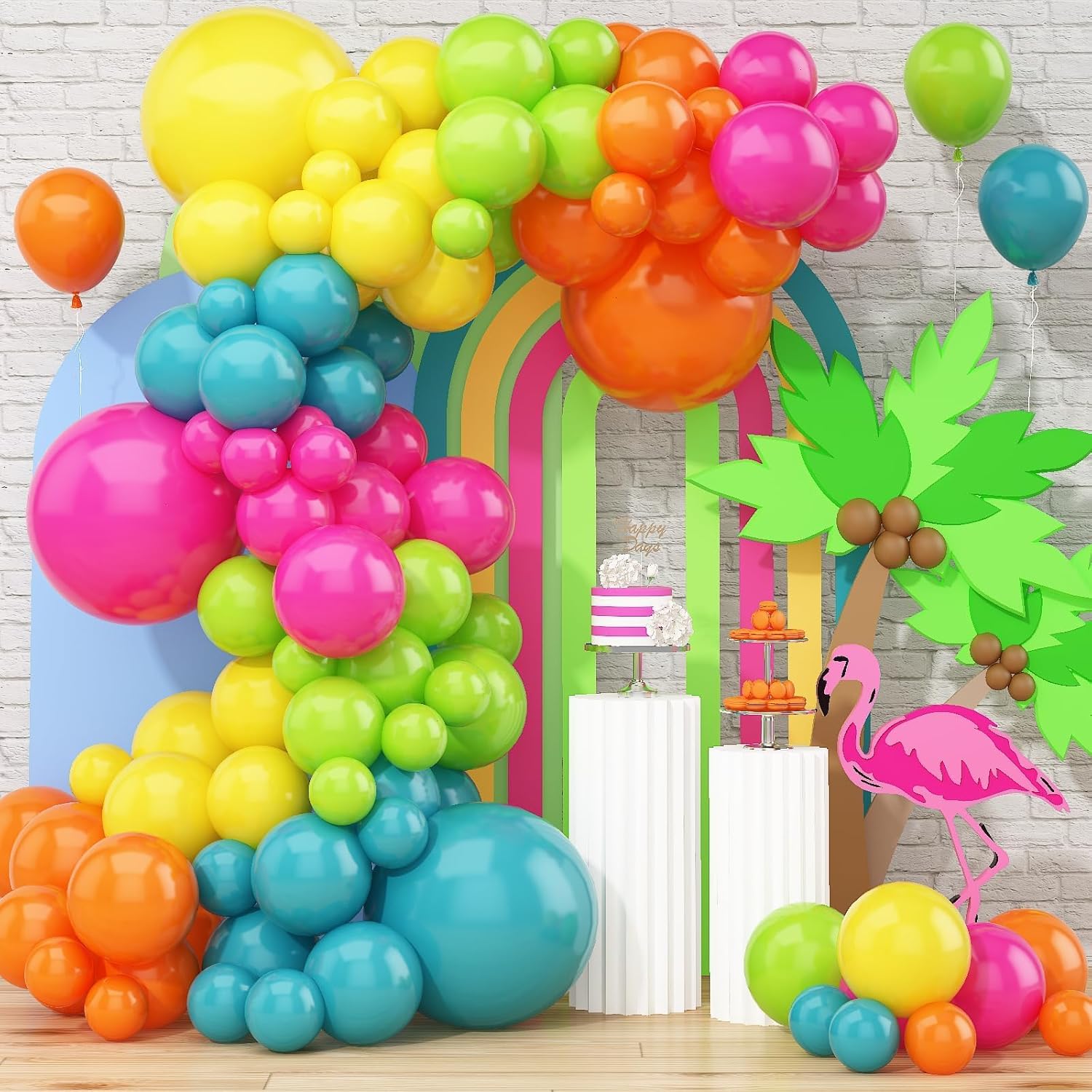 Skiennix 141 Pcs Rainbow Balloon Arch Kit - Vibrant Neon Colors for Tropical Luau & Birthday Celebrations
