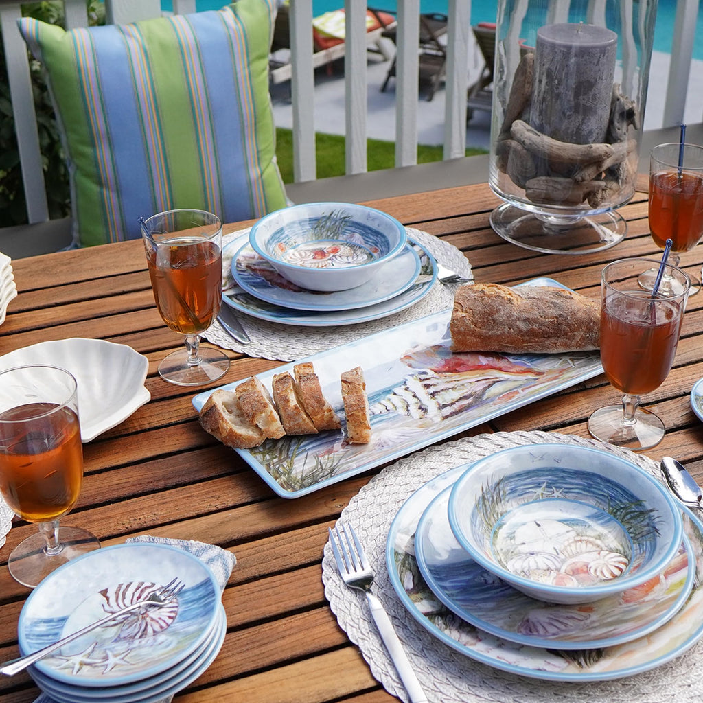 Seacoast Melamine 12 Piece Dinnerware Set – Coastal Beach-Themed Plates and Bowls, Service for 4 with Shell and Ocean Art, Break-Resistant BPA-Free Reusable Dinnerware, Dishwasher Safe Indoor/Outdoor