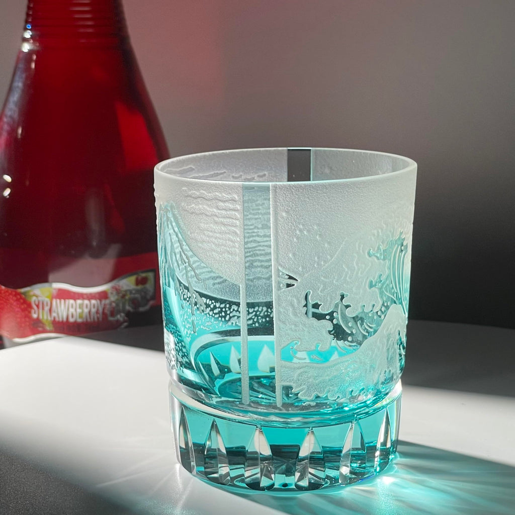 suigetsu Crystal Luxury Whiskey Glass, Mount Fuji Design, Japanese Style Hand Cut Glass Tumblers (turquoise)