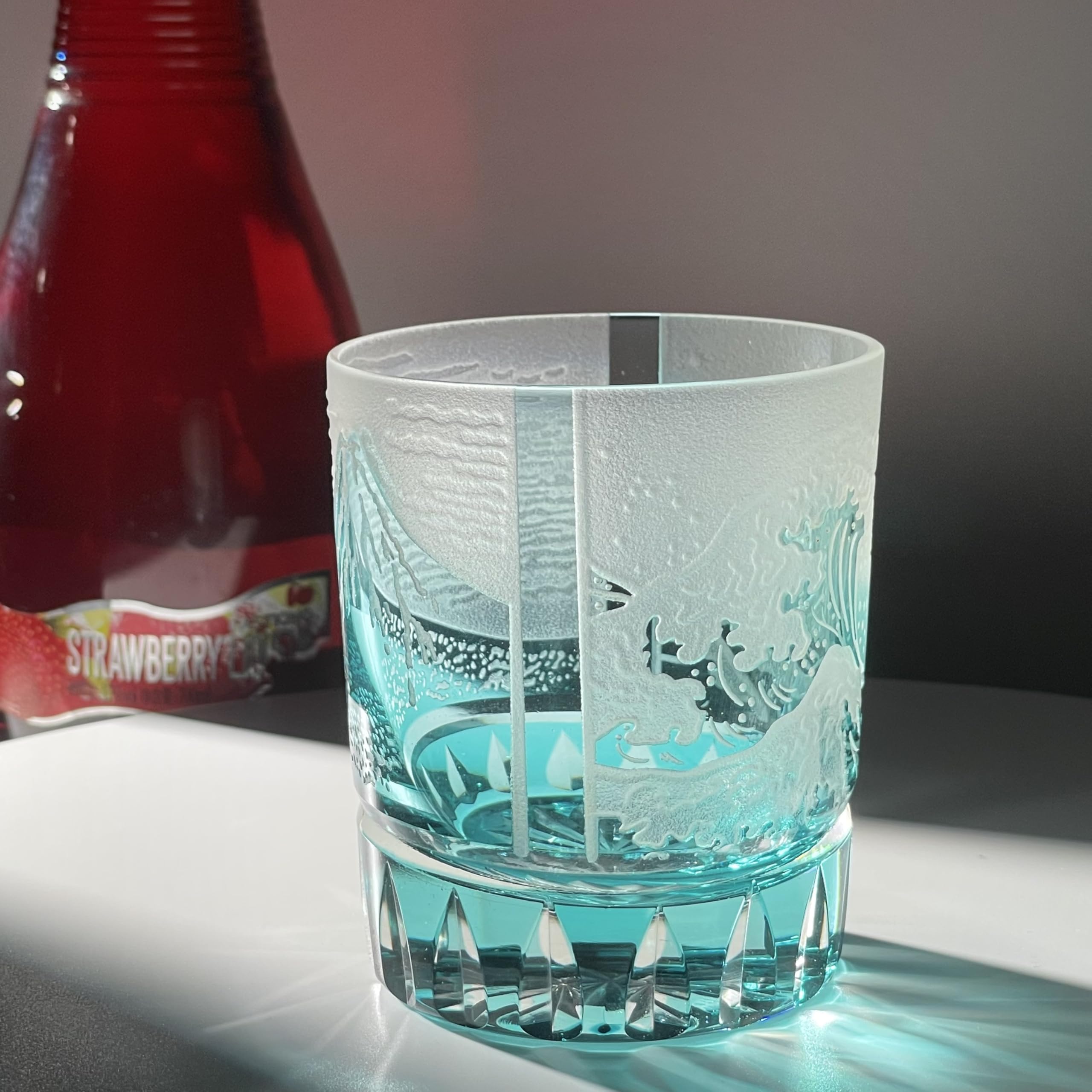 suigetsu Crystal Luxury Whiskey Glass, Mount Fuji Design, Japanese Style Hand Cut Glass Tumblers (turquoise)