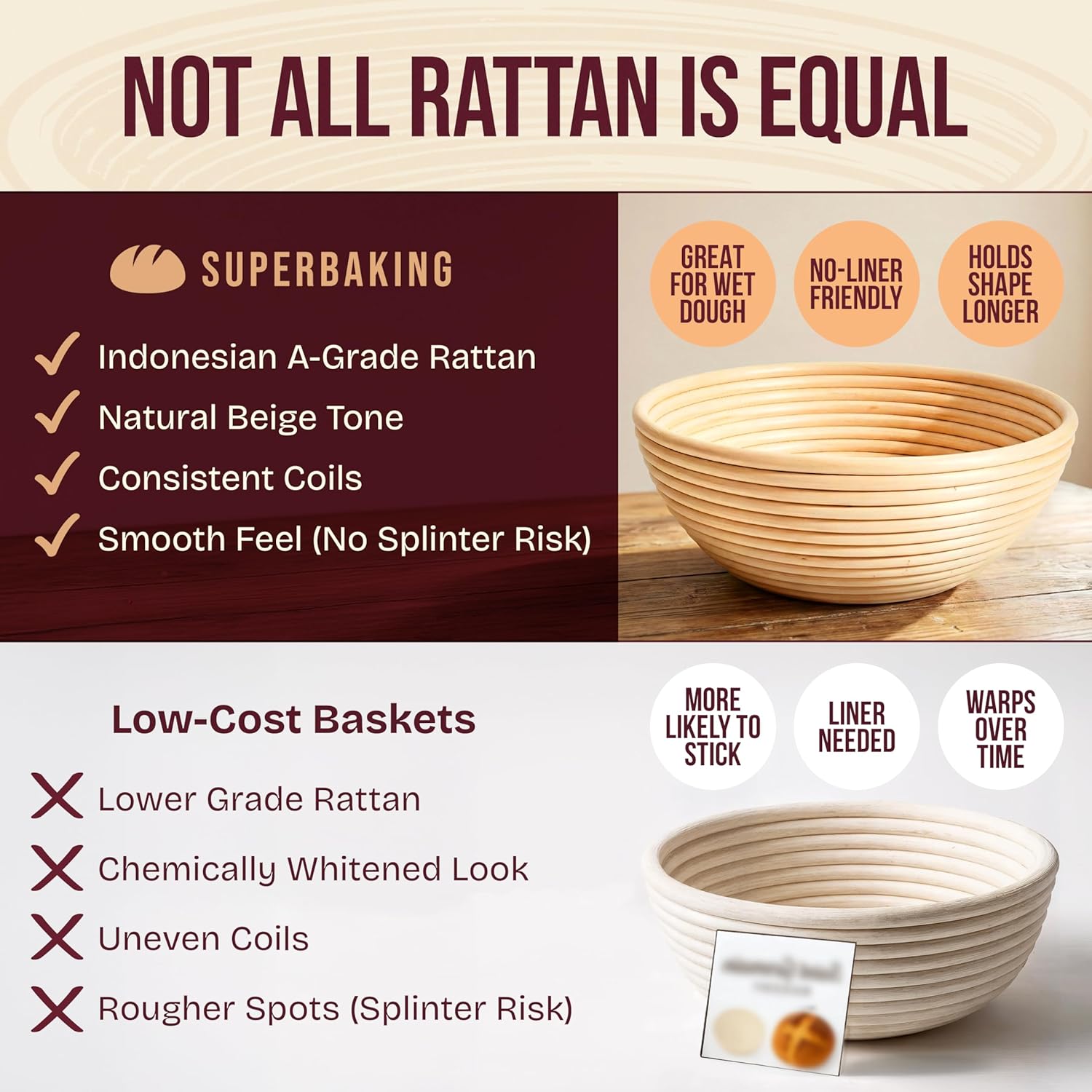 Superbaking Banneton Bread Proofing Basket Set - 9" Round Rattan with Liners for Sourdough Baking