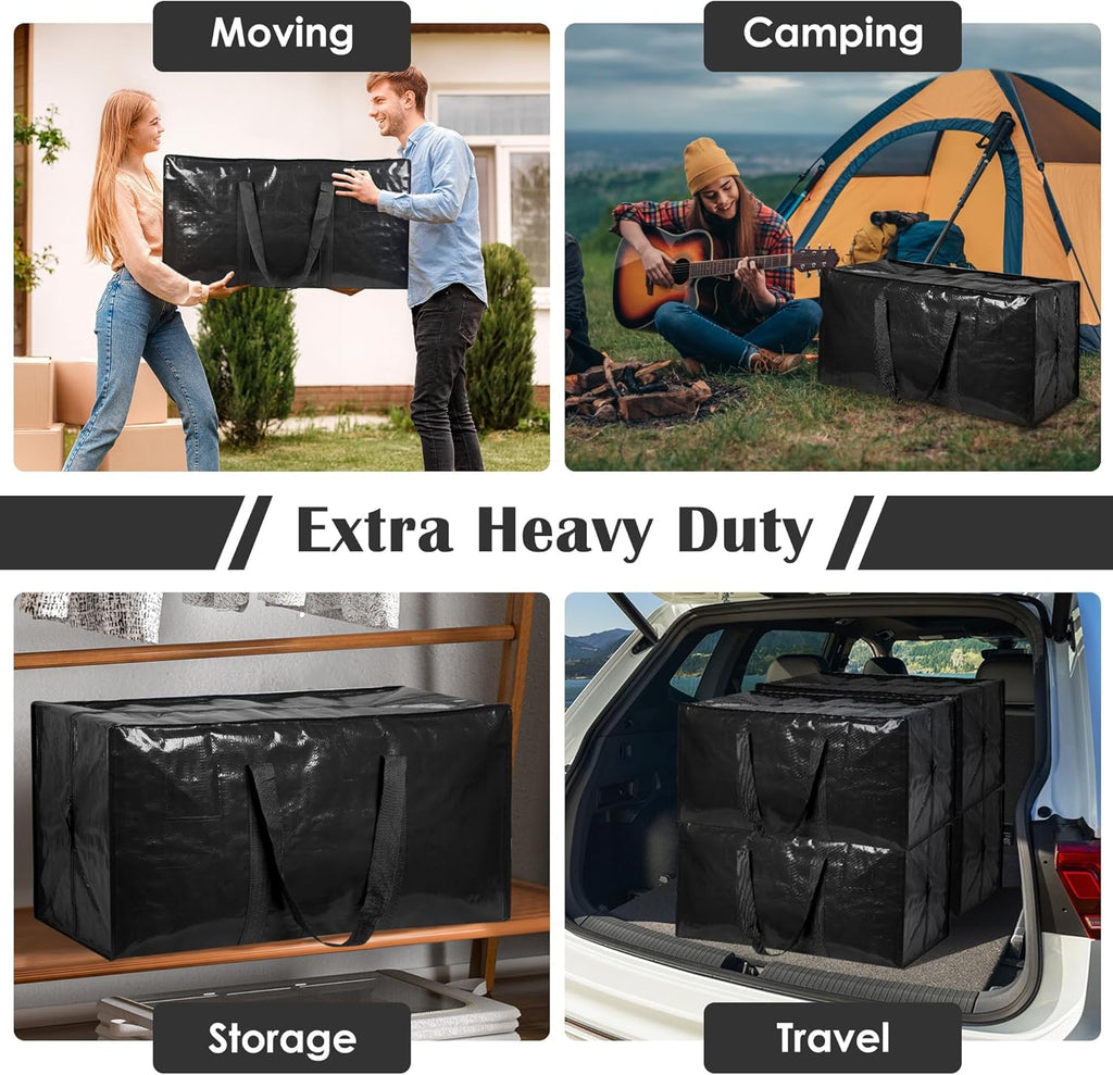 Skiennix Extra Large Heavy Duty Moving Bags - Reinforced Zipper & Wide Handles | Moisture-Resistant Storage for Clothes & Travel - Black, 6 Pack