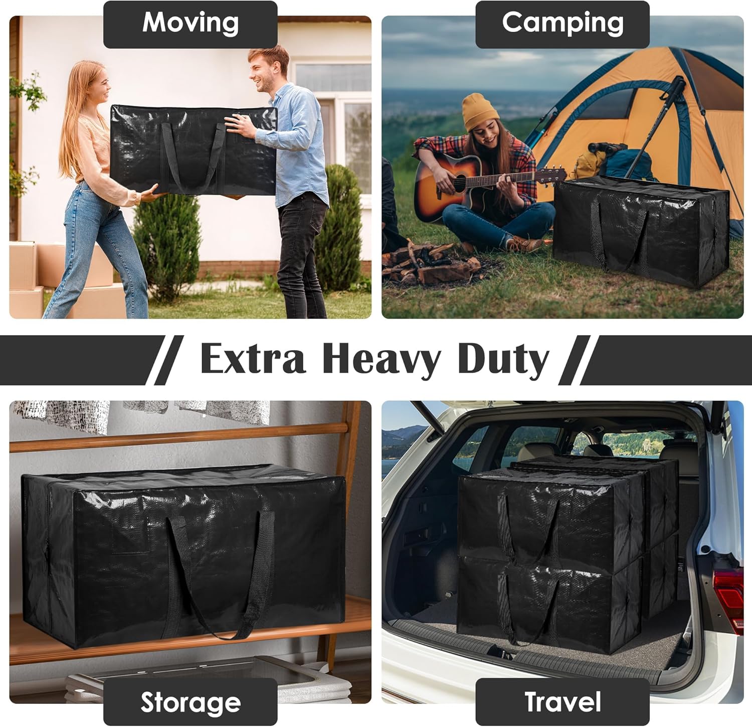 Skiennix Extra Large Heavy Duty Moving Bags - Reinforced Zipper & Wide Handles | Moisture-Resistant Storage for Clothes & Travel - Black, 6 Pack
