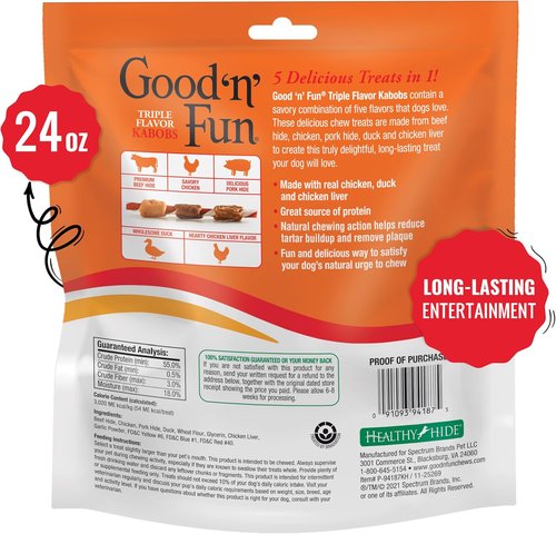 Good ‘n’ Fun Triple Flavor Kabobs - Long-Lasting Chews for Dogs | 24 Ounces of Beef Hide, Chicken & Pork