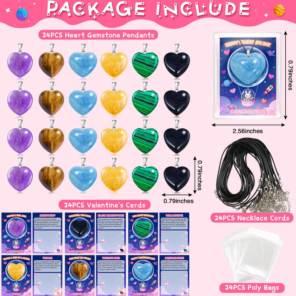 Valentines Day Cards for Kids School with Heart Gemstone Necklaces, Valentines Exchange Gifts Bulk with 24-Pack Unique Gemstone Heart Crystals, Classroom Valentine Party Favors with Goody Bag