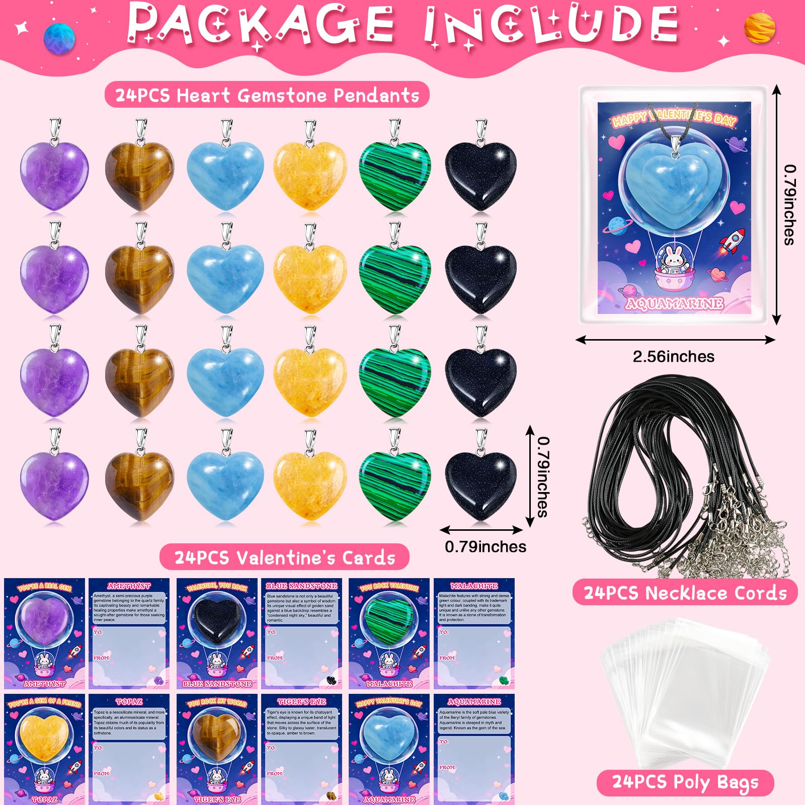 Valentines Day Cards for Kids School with Heart Gemstone Necklaces, Valentines Exchange Gifts Bulk with 24-Pack Unique Gemstone Heart Crystals, Classroom Valentine Party Favors with Goody Bag