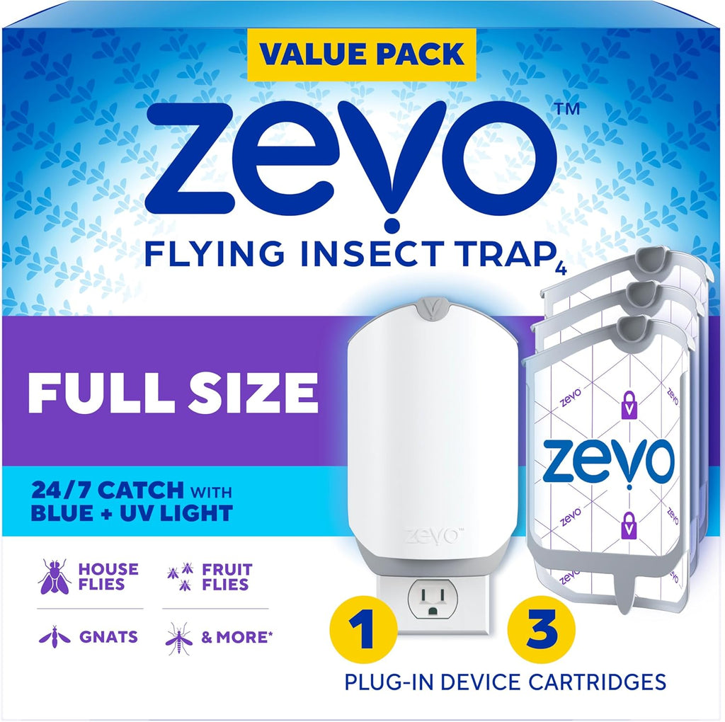 Zevo Flying Insect Trap - Indoor Bug Catcher with 3 Refill Cartridges | UV Light Technology for Flies & Gnats