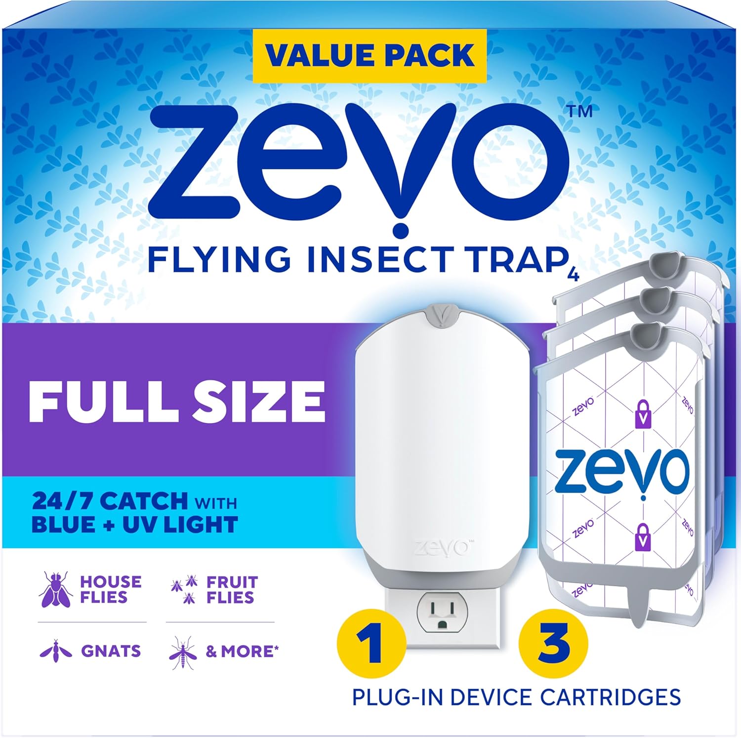 Zevo Flying Insect Trap - Indoor Bug Catcher with 3 Refill Cartridges | UV Light Technology for Flies & Gnats