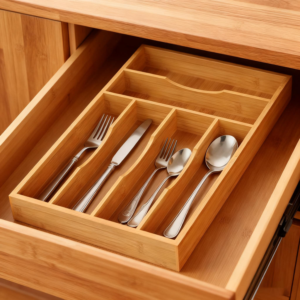 Bayting Bamboo Silverware Organizer, Bamboo Kitchen Drawer Cutlery Organizer, Utensil Holder, Flatware Organizer Tray (15.8"x9.5"x1.6")
