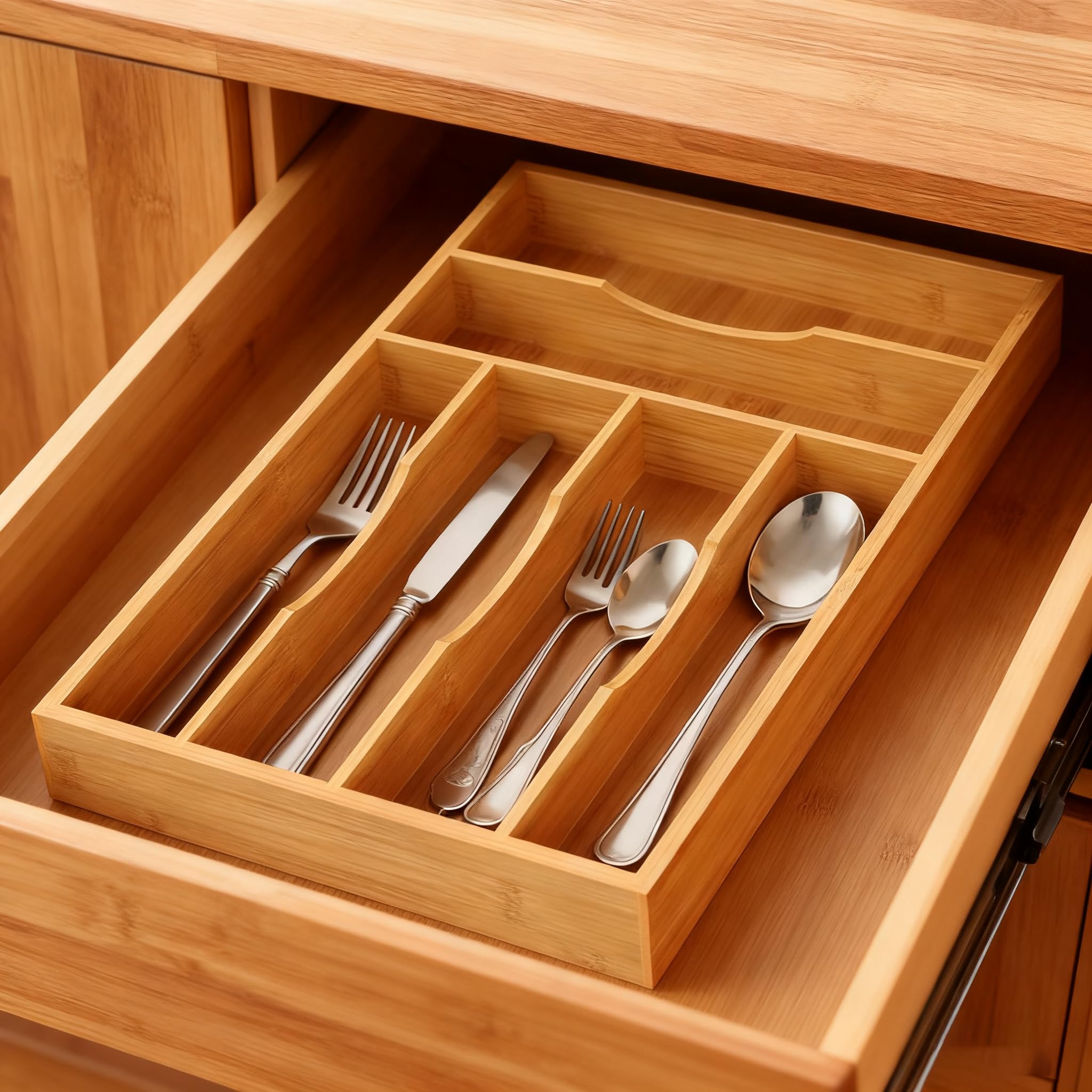 Bayting Bamboo Silverware Organizer, Bamboo Kitchen Drawer Cutlery Organizer, Utensil Holder, Flatware Organizer Tray (15.8"x9.5"x1.6")