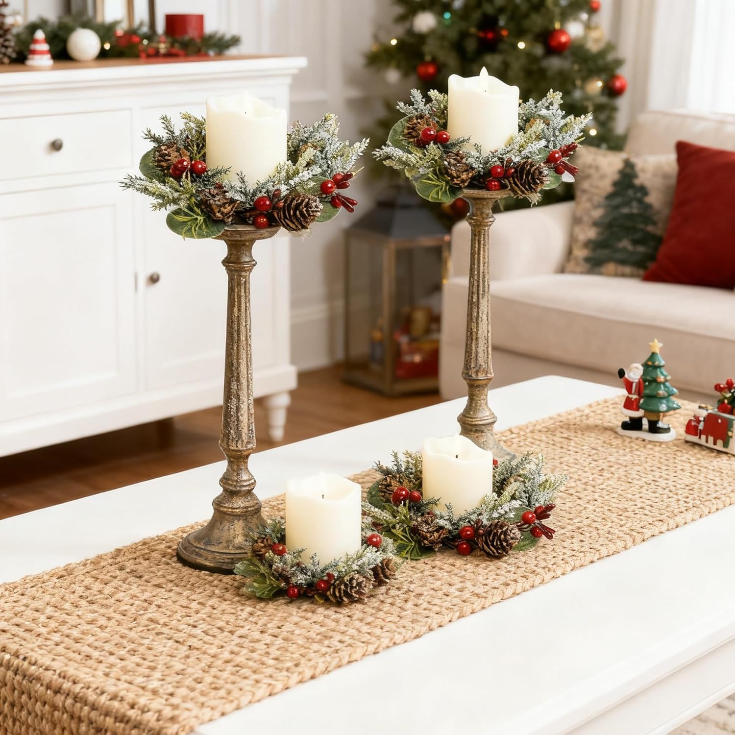 Skiennix Christmas Candle Rings - Mini Wreaths with Snowy Pinecone & Red Berry - 6 Pcs for Table Centerpiece