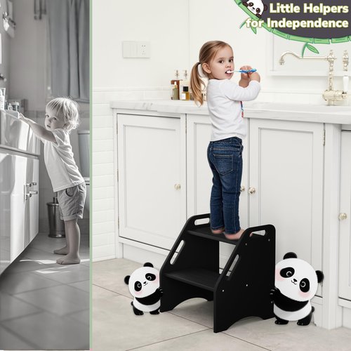 AMBIRD Wooden Step Stool, 15.75'' H Potty Training Toddler 300 lbs Capacity with Safety Non-Slip Pads and Handles, Step Stools for Kids, Bamboo 2-Step Stool for Bathroom, High Beds (Black)