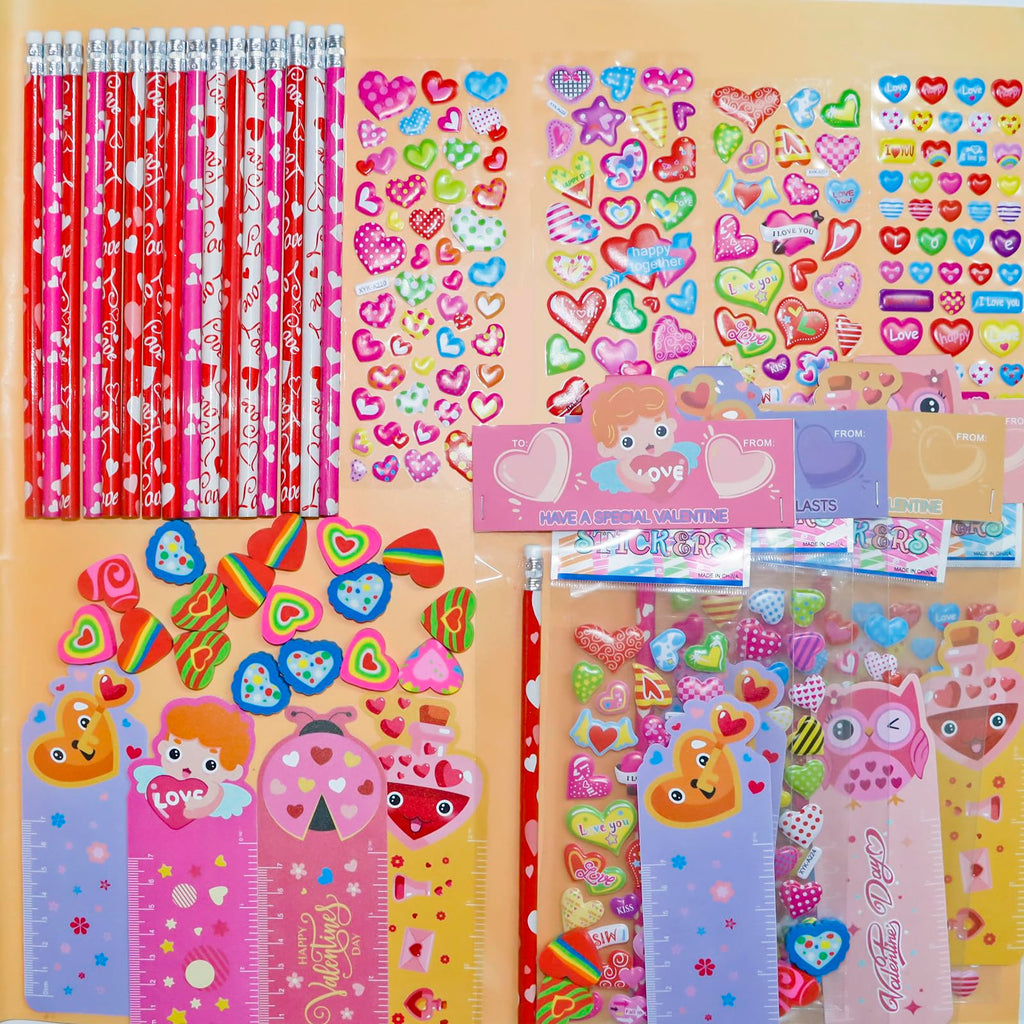 Decodinli 28 Pack Valentines Day Gifts for Kids - Valentine's Day Party Favors for School Exchanges Gifts with Erasers, Pencils, Stickers and Rulers, Valentine's Day Stationery Set with Gift Card