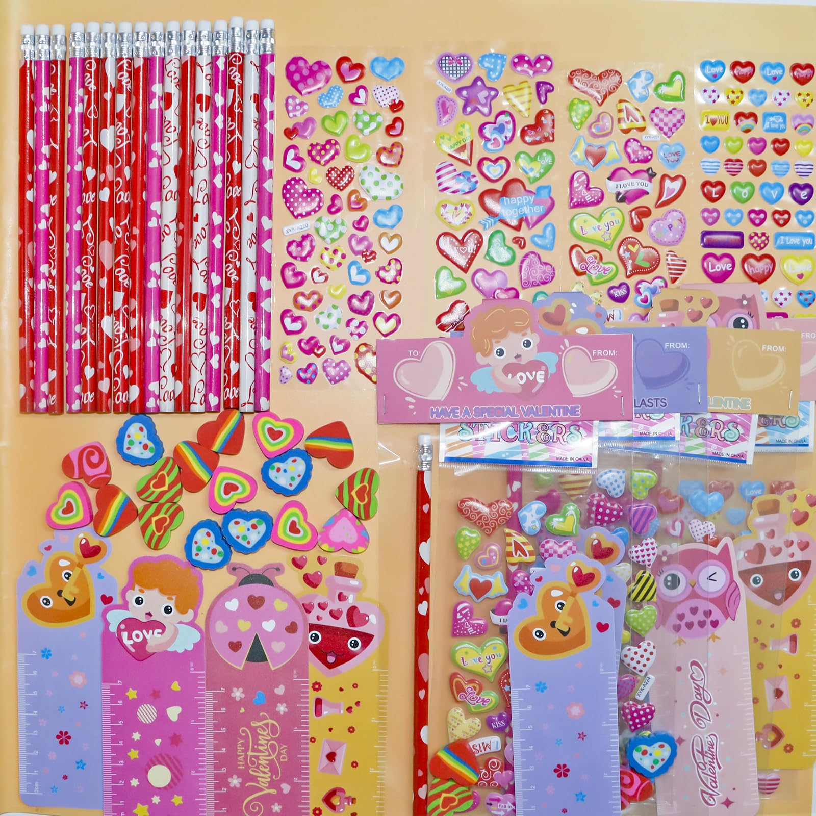 Decodinli 28 Pack Valentines Day Gifts for Kids - Valentine's Day Party Favors for School Exchanges Gifts with Erasers, Pencils, Stickers and Rulers, Valentine's Day Stationery Set with Gift Card