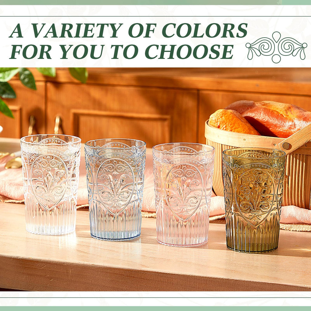 Acellegic Plastic Vintage Drinking Glasses - 16 oz Stemless Ribbed Highball Glasses Bulk Embossed Reusable Cups for Water Beer Cocktails Juice Wedding Bridal Shower Birthday Event Party(Clear,24 Pcs)