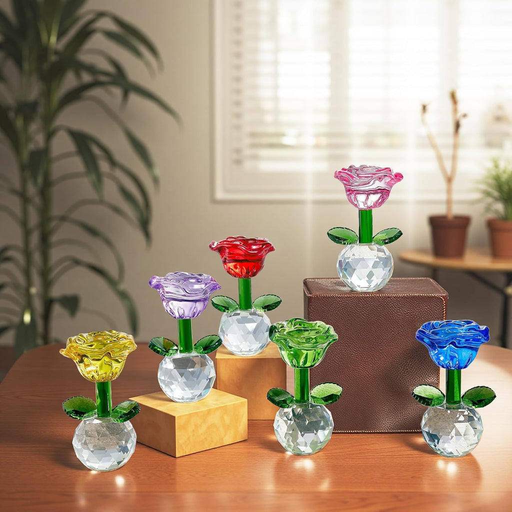 Regine Switzerland Crystal Glass Rose Flowers Figurines - Colorful Blown Glass Centerpieces | Set of 6 (3.5in)