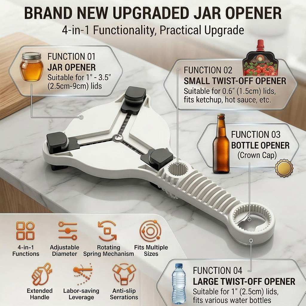 4-in-1 Adjustable Jar Opener by [Brand Name] - Ergonomic Non-Slip Handle for Seniors | Multi-Size Lid Remover (Grey)