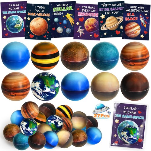 Valentines Day Gifts for Kids, 27 Pack Valentines Day Cards for Kids School with 9 Salor System Planets Balls, Bouncy Space Balls for Classroom Prize Exchange, Party Favors, Goodie Bag Stuffers