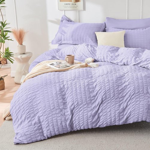 HYMOKEGE Queen Comforter Set - Light Purple Seersucker 7-Piece Luxury Bedding Set | All-Season Comfort
