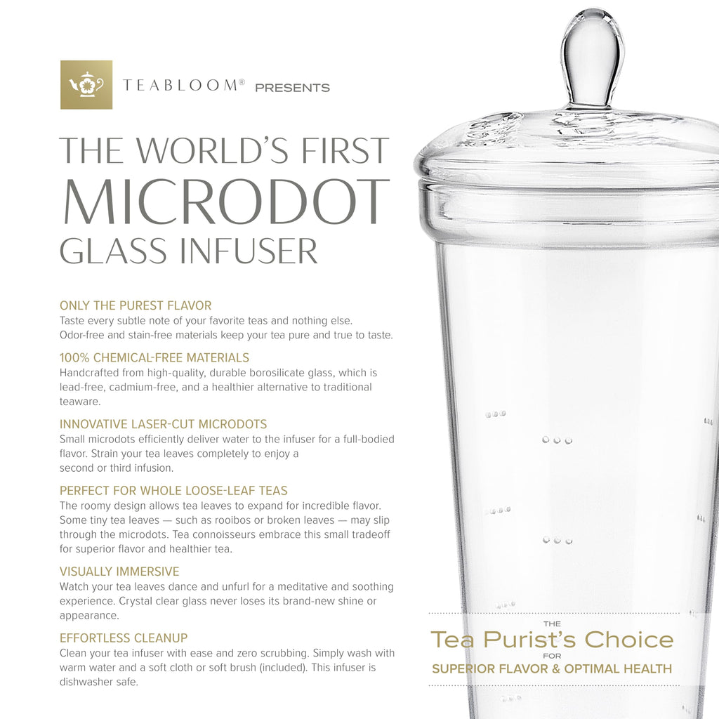 Teabloom Grand Bouquet Borosilicate Glass Tea Set for Six – Elegant 50oz Teapot with Microdot Infuser & Six 8oz Teacups – A Pure & Immersive Tea Experience – Tea Purist's Choice