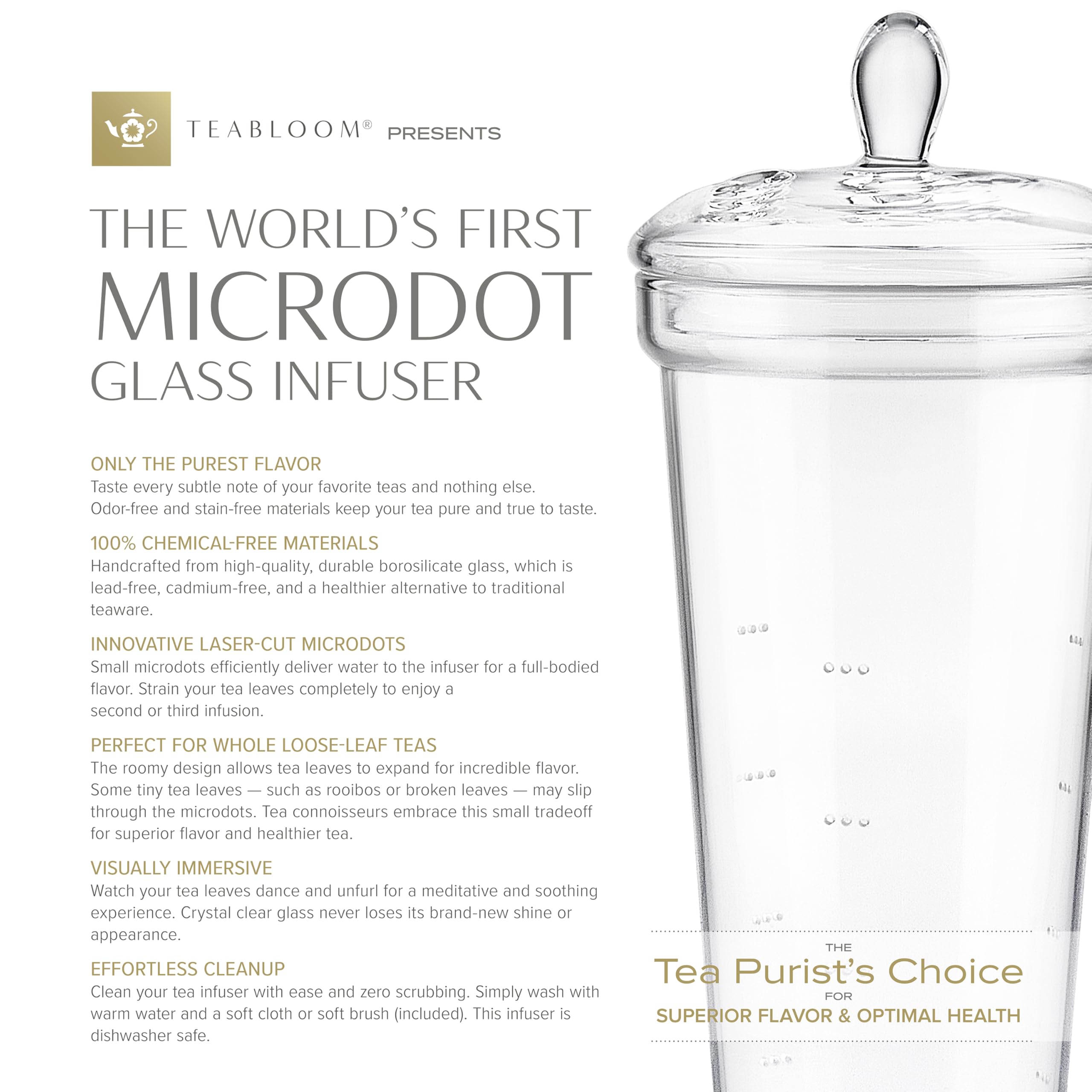 Teabloom Grand Bouquet Borosilicate Glass Tea Set for Six – Elegant 50oz Teapot with Microdot Infuser & Six 8oz Teacups – A Pure & Immersive Tea Experience – Tea Purist's Choice