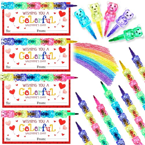 Noveread 24 Valentines Cards and Stacking Crayons 24 Pcs 5 Colors Panda Buildable Crayons 24 Pcs Valentines Greeting Cards for Prizes Goodie Bag Fillers Party Supplies