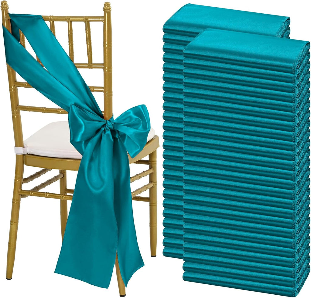 Skiennix 100 PCS Satin Chair Sashes - Turquoise Decorative Bow Ties for Weddings & Events | 7 x 108 Inch