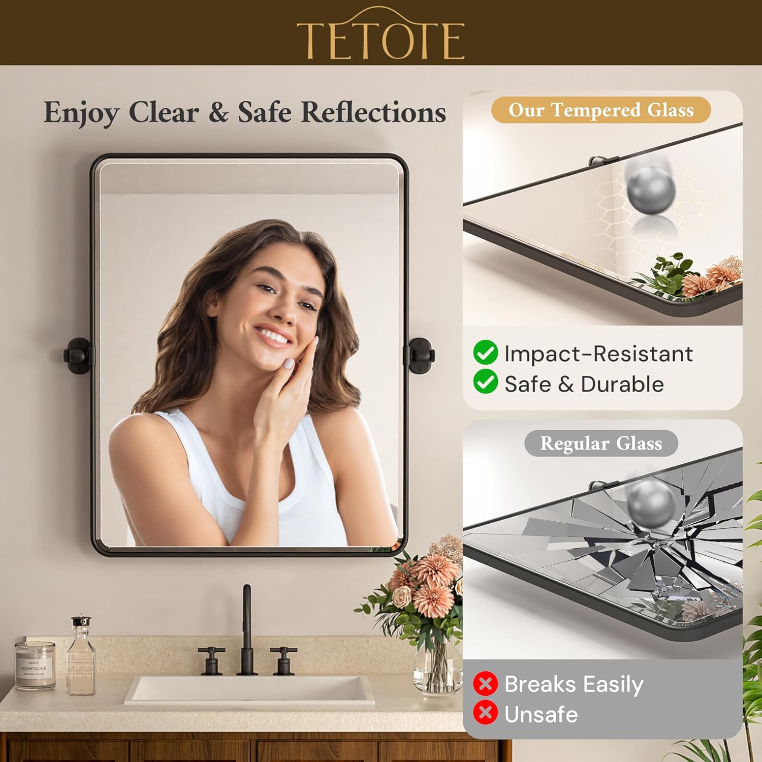 TETOTE Pivot Mirror - Modern Farmhouse Matte Black Rectangle Vanity Mirror | 20 x 30 Inches, Adjustable Beveled Glass