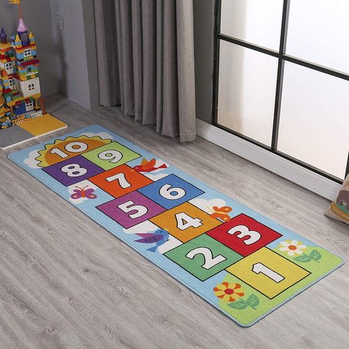 Hop & Count Hopscotch Rug for Kids, Floor Play Area Rug Game Carpet Crawl Jump Mat, Skid-Proof Backing, Great Gift for Boys Girls, Room Decor, Classic Hopscotch Rug for Preschool Playroom